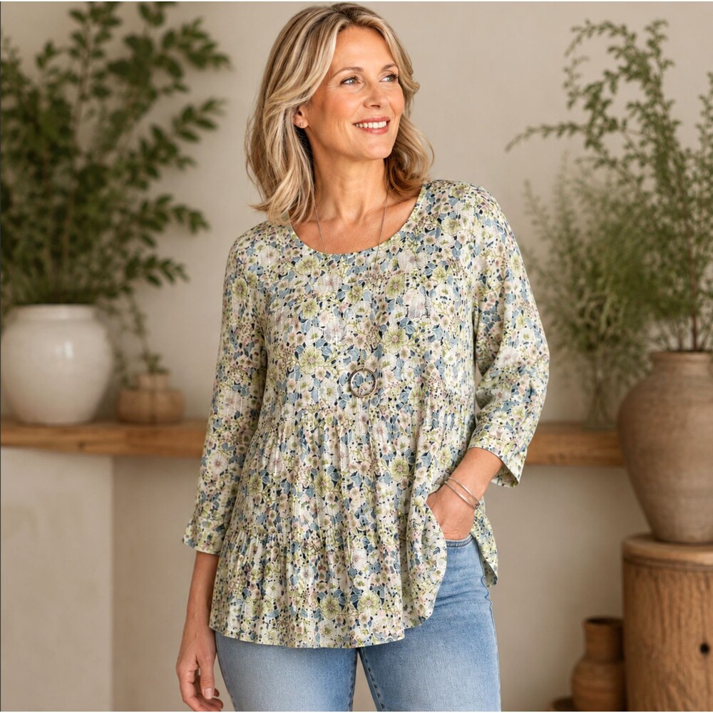 J Jill Floral Tiered Top XL Petite Textured Cotton Dobby Cottage Boho Peasant
